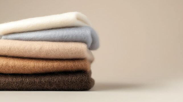A stack of five folded, fluffy throws in shades of white, light blue, tan, light brown and brown is set against a tan backdrop and foreground, showcasing textiles and texture.