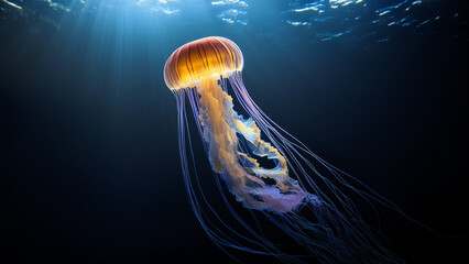 Vibrant jellyfish swimming in the ocean, 4K hyperrealistic photo. Fluorescent jellyfish dances gracefully underwater. Jellyfish wallpaper