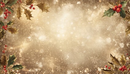 Naklejka premium Framing central sparkling golden bokeh area on holiday background, with holly sprigs and snowflakes