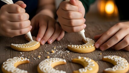 Hands piping white icing on crescent moon cookies, iconic symbol of Idul Fitri and Ramadan celebration, captured in warm festive kitchen setting.