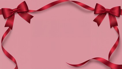 Framing red satin ribbon border creating pale pink card backdrop, with two bows and curled tails