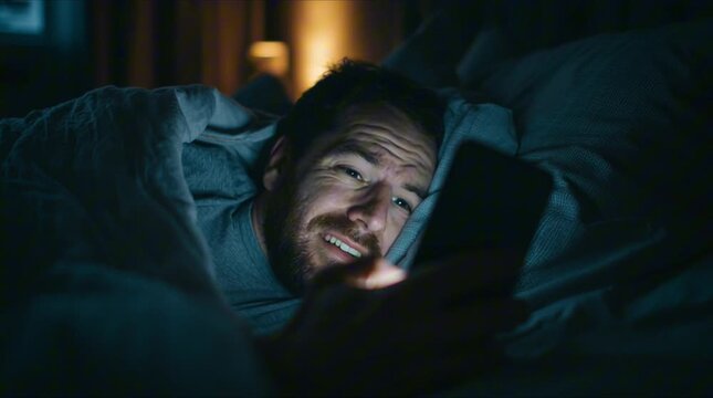 A tired man lies awake in a dark bedroom, staring at his glowing smartphone and doom scrolling late at night despite his growing fatigue. Digital addiction or insomnia concept 4k video