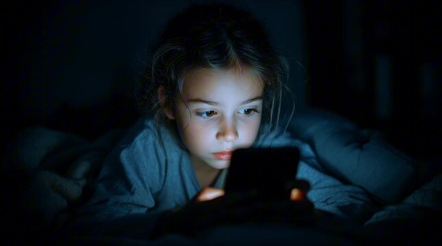 Little child lying in bed in dark room, holding smartphone close and watching intently, illuminated by blue screen light. Gadget addiction and screen dependency. Selective focus on smartphone