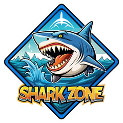 Obraz premium Fierce cartoon shark with open mouth and sharp teeth erupting from ocean waves, in a vibrant badge design.