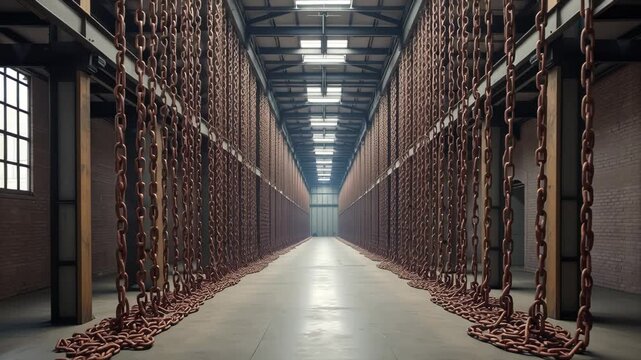 Endless hallway with hanging metal chains in an industrial setting. Heavy chains suspended in a long tunnel for abstract concept.