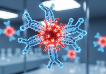 Antibodies attacking a virus in a laboratory setting