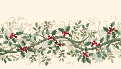 Twisting holly vine running across warm cream in studio, with toothed green leaves and red berries