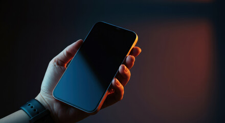 Hand holding smartphone with dark blank screen under moody blue and orange lighting