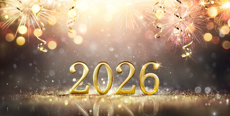 2026 Happy New Year - Golden Number On Glitter And Fireworks In Abstract Defocused Lights