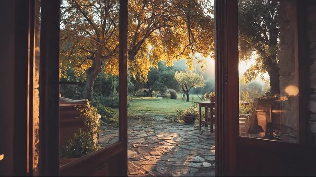 A serene view through an open doorway into a sunlit garden.