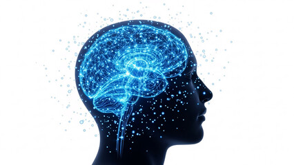 Digital brain inside a human head silhouette with glowing blue circuits and data streams