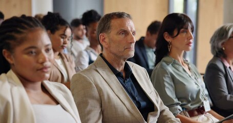 Conference hall, listening or business man at workshop for corporate training, education or learning. Glasses, knowledge or person at seminar for information, audience attention or staff development