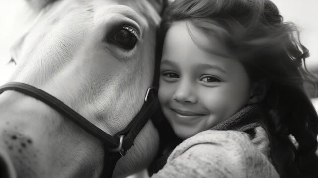 A young girl with long hair smiling and hugging a white horse, both wearing matching white garments. This has been altered using an overlay effect for artistic purposes.
