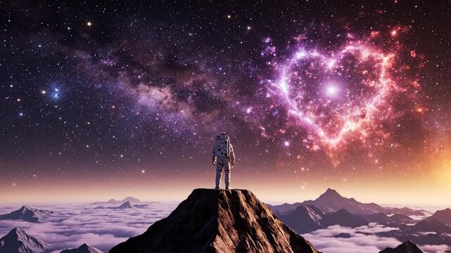 Astronaut standing on alien planet looking at nebula in heart shape.