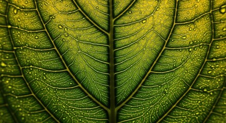 Vibrant green leaf with intricate veins and water droplets