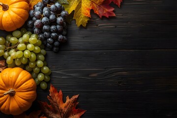 A background of green grapes, purple grapes, maple leaves and a pumpkin representing the harvest. Thanksgiving day concept.