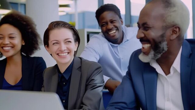 Professional people enjoying a moment of laughter during a business meeting.