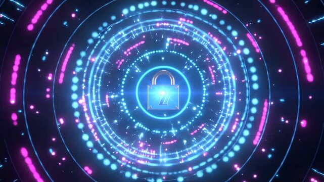 Futuristic neon digital padlock lock and cybersecurity data protection with glowing neon rings