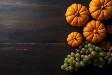 A background of green grapes, purple grapes, maple leaves and a pumpkin representing the harvest. Thanksgiving day concept.