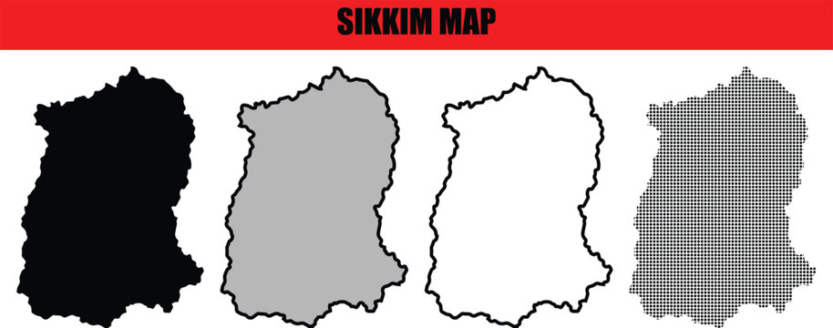 Sikkim Map Vector Illustration with Outline and Solid Fill Styles, Indian State Isolated on White Background