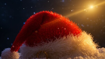 Glowing red Santa hat catching rim light on snowy ground, with snowflakes and metallic ring