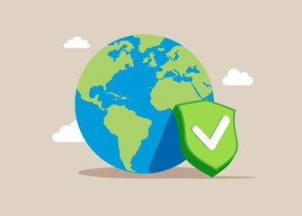 Globe shape with green shield with check mark. Good world. Good ecology, air pure. Vector flat illustration 