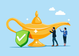 Businessman rubbing magic lamp with green shield with check mark. Business, Company, Funds, gold. Successful validation and verification process. Flat vector illustration.