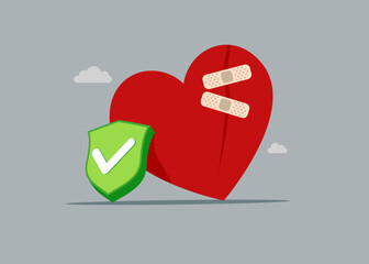 Heart shape and green shield with check mark. Move on or forget and forgive, open for new relationship, heal heart broken. Vector flat illustration