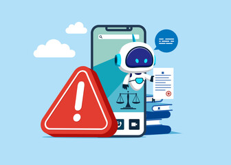 Big smartphone  with exclamation attention sign, justice and law application for consulting. Distrust, bad reputation artificial intelligence technology. Online legal advice. Flat vector illustration