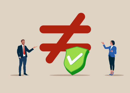 Injustice, unfairness symbol with green shield with check mark. Gender pay gap, issue about gender diversification. Vector flat illustration