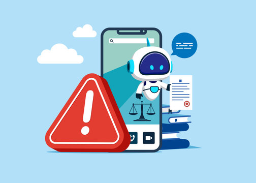 Big smartphone  with exclamation attention sign, justice and law application for consulting. Distrust, bad reputation artificial intelligence technology. Online legal advice. Flat vector illustration