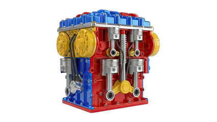 Colorful Model of a V8 Engine on White Background.