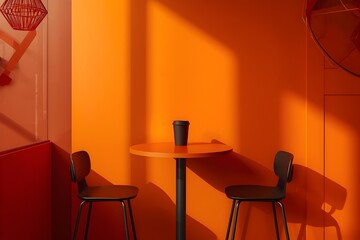 A black paper coffee mug on a table in a creatively constructed caf&eacute;.
