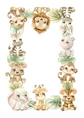 Fototapeta premium Cute Animals Plants Frame. Safari Jungle Tropical Exotic leaves Watercolor hand painted summer pastel neutral isolated illustration on white background for nursery kids baby shower card logo label