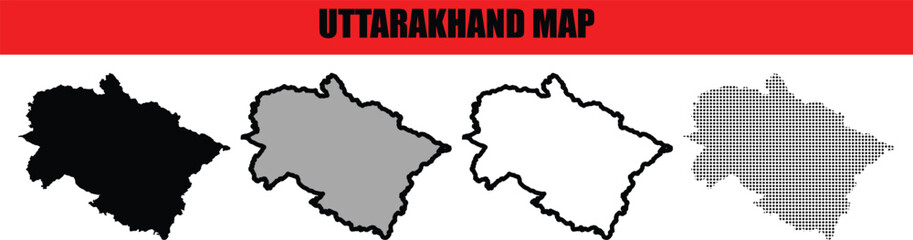 Uttarakhand Map Vector Silhouette and Outline of Indian State Isolated on White Background