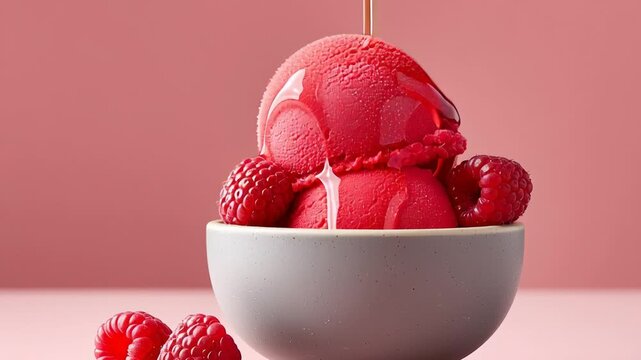 Delicious raspberry sorbet with fresh raspberries in a minimalistic pink setting