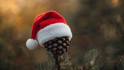 Perching pine cone wearing red Santa hat on conifer twig at woodland, showing bokeh and sunflare