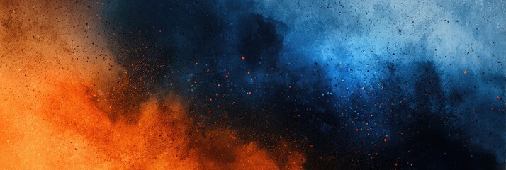 Abstract split of fiery orange, dark blue, and light blue textures with speckled particles