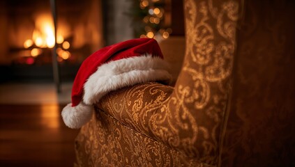 Resting red Santa hat draping over patterned armchair arm in living room, with fireplace glow