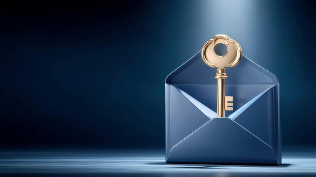 Gold key inside blue envelope spotlight conveying security message trust communication for modern