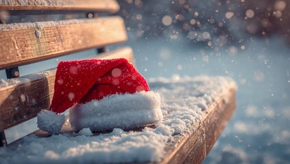 Resting red Santa-style hat sitting on wooden park bench in snowy park, with falling snow bokeh