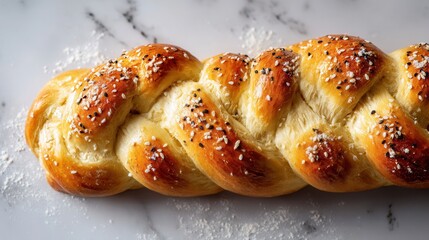 Braided bread with sesame seeds on marble surface