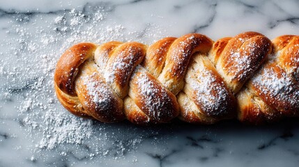 Braided bread with powdered sugar on marble surface