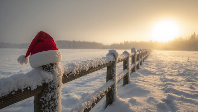 Framing red Santa-style hat sitting on wooden split-rail fence at snow-covered field, copy space - Powered by Adobe