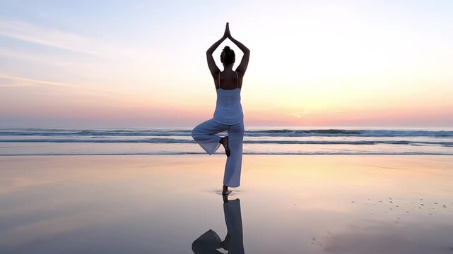Woman in yoga tree pose on serene beach at sunset, calm ocean waves