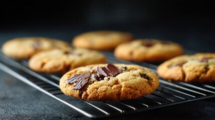 Chocolate chip cookies cooling on rack