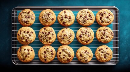 Freshly baked chocolate chip cookies on cooling rack