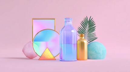 Geometric pastel composition with glass bottles palm leaf