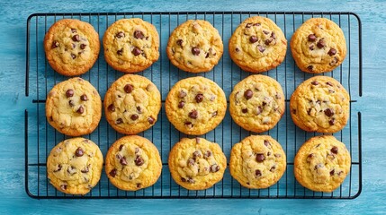 Chocolate chip cookies cooling on wire rack