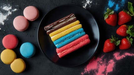 Colorful macarons strawberries on black plate